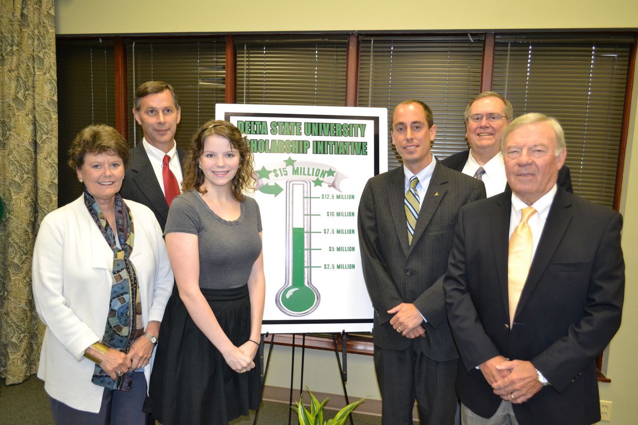 PHOTO:  Front from left, Foundation Board Member Nan Sanders, Graeber Foundation Scholarship Recipient Hallye Skillion, Alumni Association Director Jeffrey Farris, and Foundation Board Member and Scholarship Initiative Co-Chair Ned Mitchell.  Back from left, Foundation Executive Director Keith Fulcher, and Delta State President Dr. John M. Hilpert.